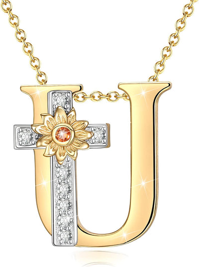 Initial Sunflower Cross Sterling Silver Necklace