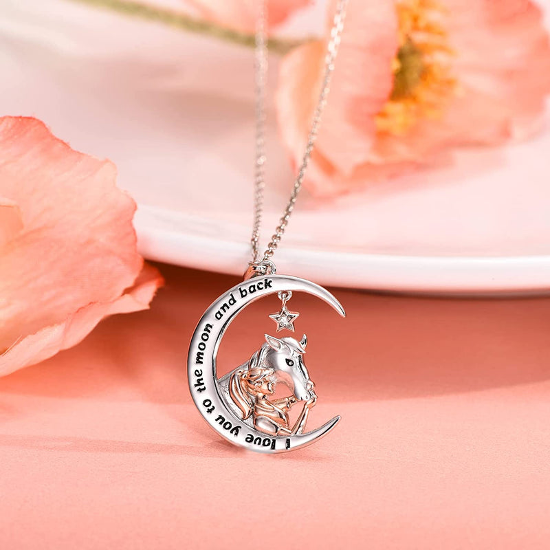 Horse And Girls Moon Sterling Silver Necklace