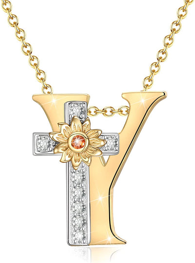 Initial Sunflower Cross Sterling Silver Necklace