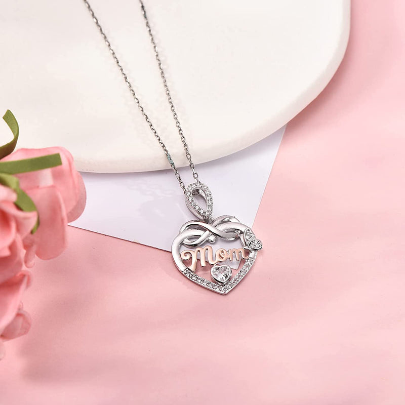 Mom Butterfly Love Heart Sterling Silver Necklace