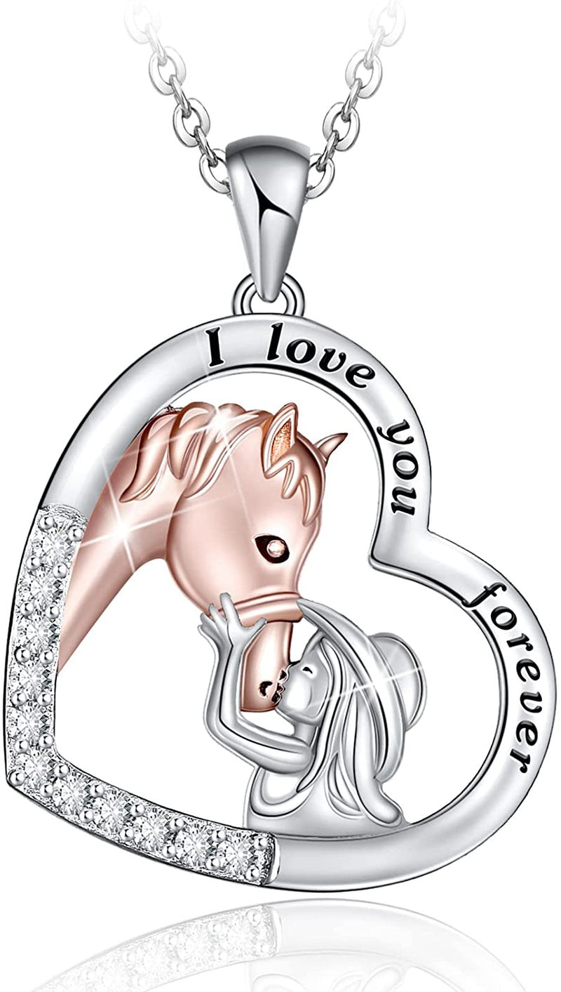 Lucky Horse And Girls Love Heart Sterling Silver Necklace