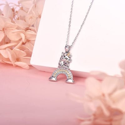Cute Unicorn On Rainbow Sterling Silver Necklace