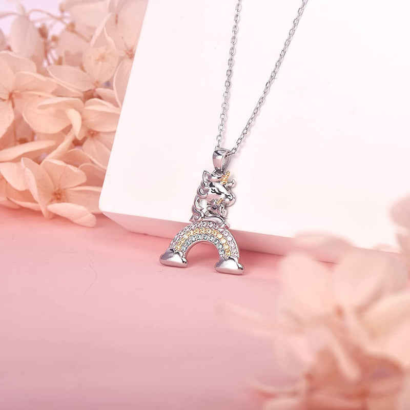 Cute Unicorn On Rainbow Sterling Silver Necklace