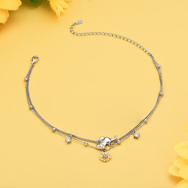 Sunflower Elephant Sterling Silver Anklet