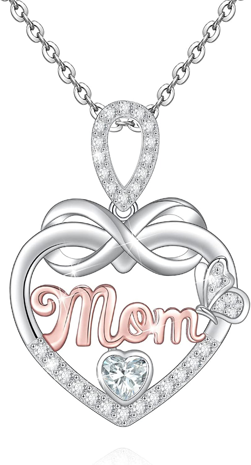 Mom Butterfly Love Heart Sterling Silver Necklace
