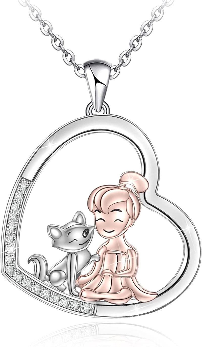 Cat and Girls Heart Sterling Silver Necklace