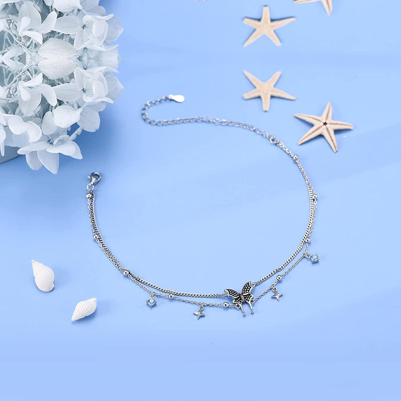 Butterfly Layered Sterling Silver Anklet Bracelet