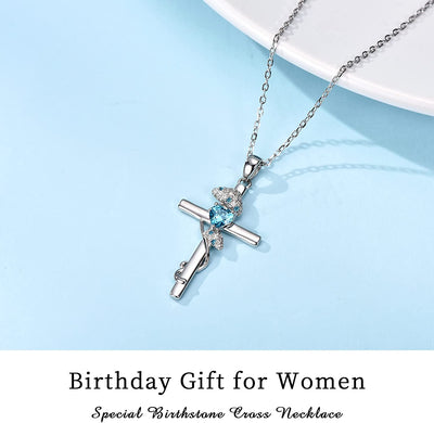 Cute Mushroom Cross With 12Month Birthstone Sterling Silver Necklace