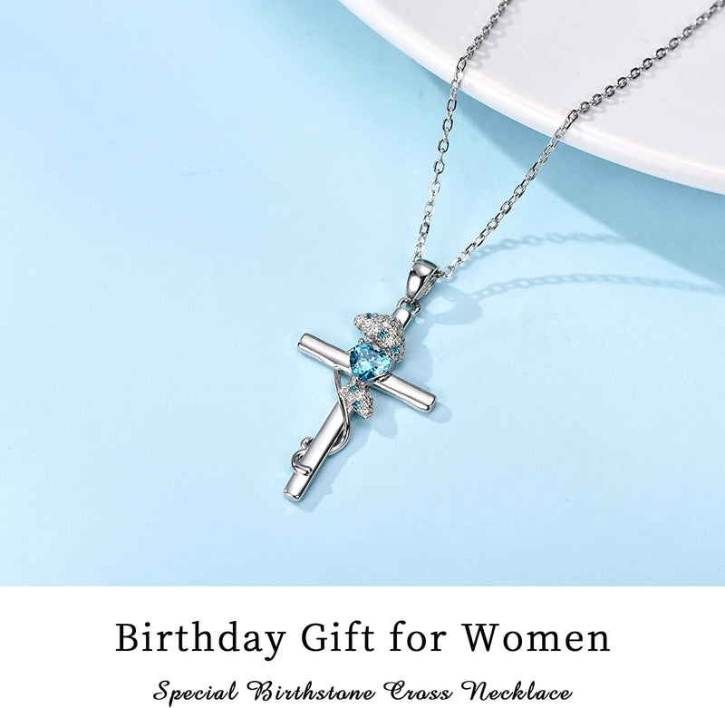 Cute Mushroom Cross With 12Month Birthstone Sterling Silver Necklace