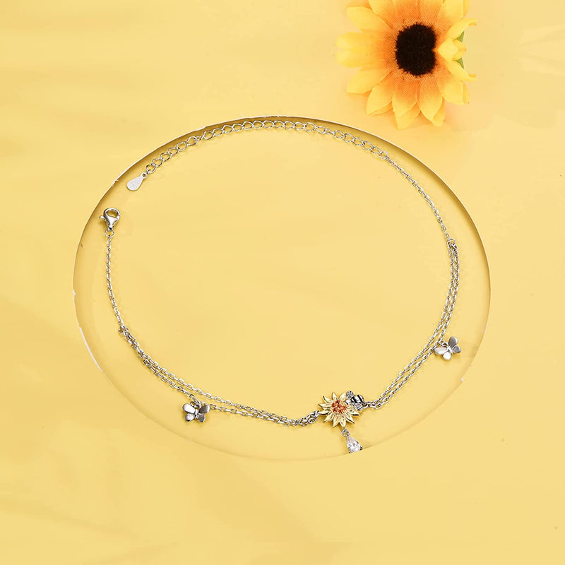 Sunflower And Bee Sterling Silver Anklet