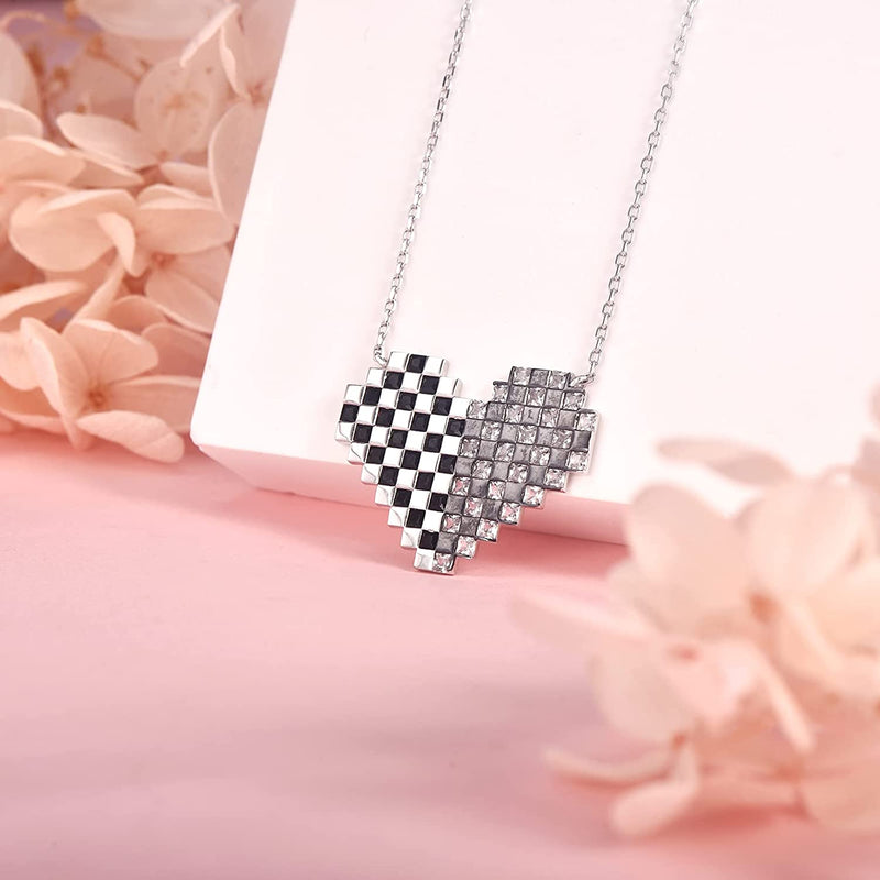 Checkerboard Chess Love Heart Sterling Silver Necklace