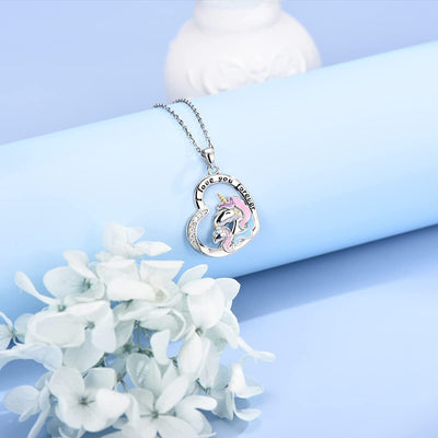 Mom And Baby Unicorn Love Heart Sterling Silver Necklace