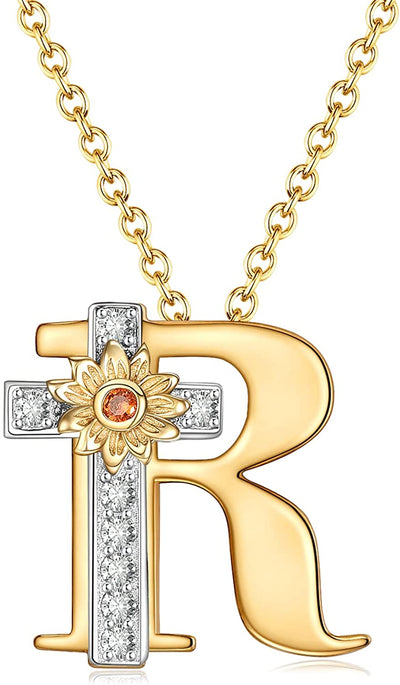 Initial Sunflower Cross Sterling Silver Necklace