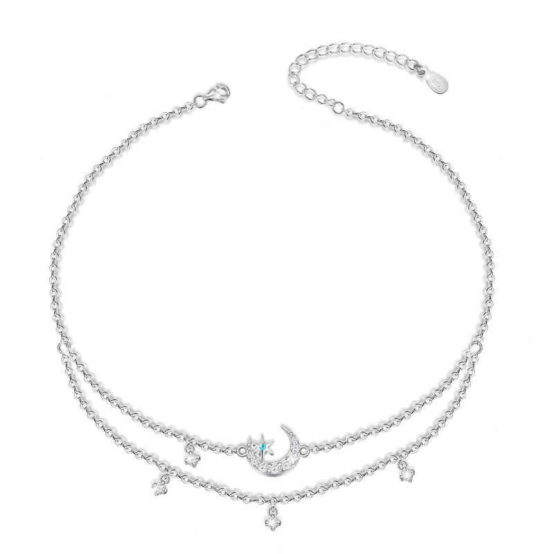 Moon and Star Layered Sterling Silver Anklet