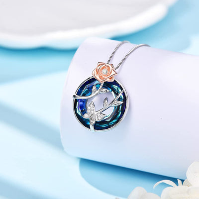 Rose Butterfly With Blue Crystal Sterling Silver Necklace
