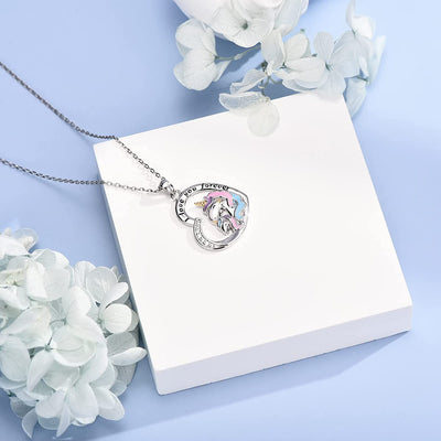 Mom And Baby Unicorn Love Heart Sterling Silver Necklace