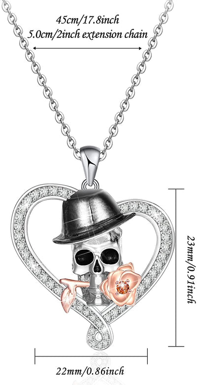 Goth Skull Rose Heart Sterling Silver Necklace