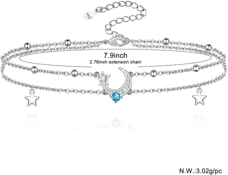 Universe Moon Star Layered Adjustable Sterling Silver  Anklet Bracelet