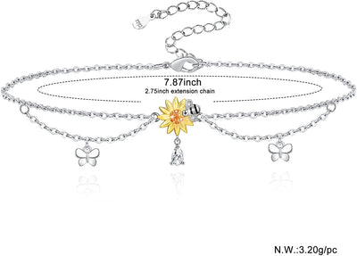 Sunflower And Bee Sterling Silver Anklet