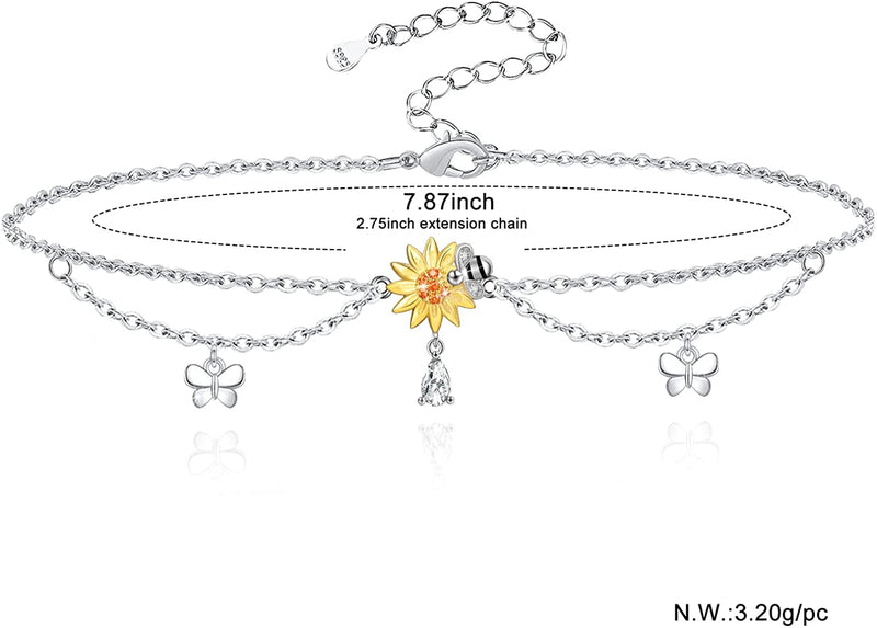 Sunflower And Bee Sterling Silver Anklet