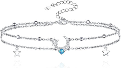 Universe Moon Star Layered Adjustable Sterling Silver  Anklet Bracelet