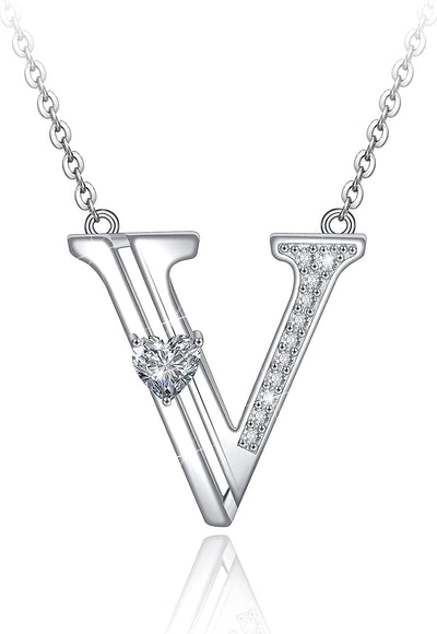 Initial Letter Heart Cubic Zirconia Sterling Silver Necklace
