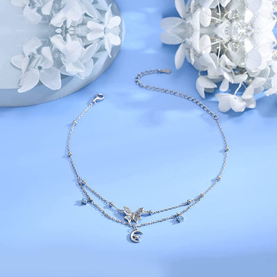 Butterfly Moon Layered Sterling Silver Anklet Bracelet