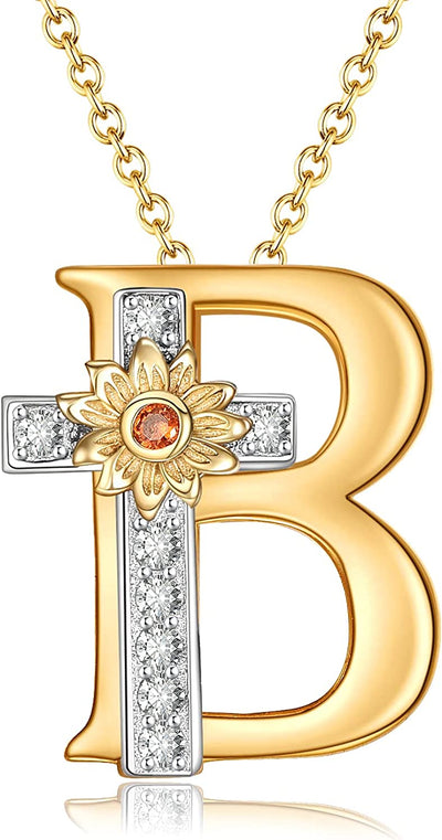 Initial Sunflower Cross Sterling Silver Necklace