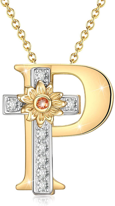 Initial Sunflower Cross Sterling Silver Necklace