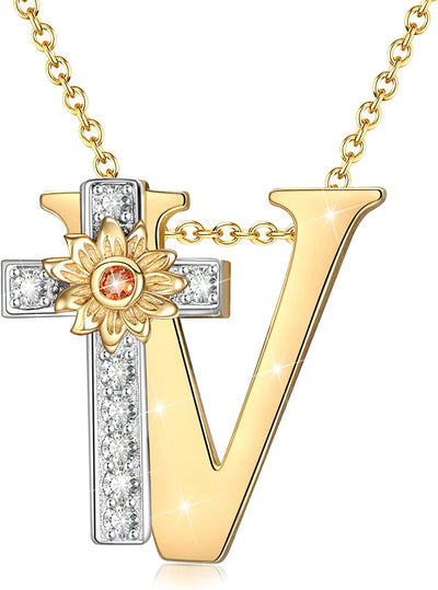 Initial Sunflower Cross Sterling Silver Necklace