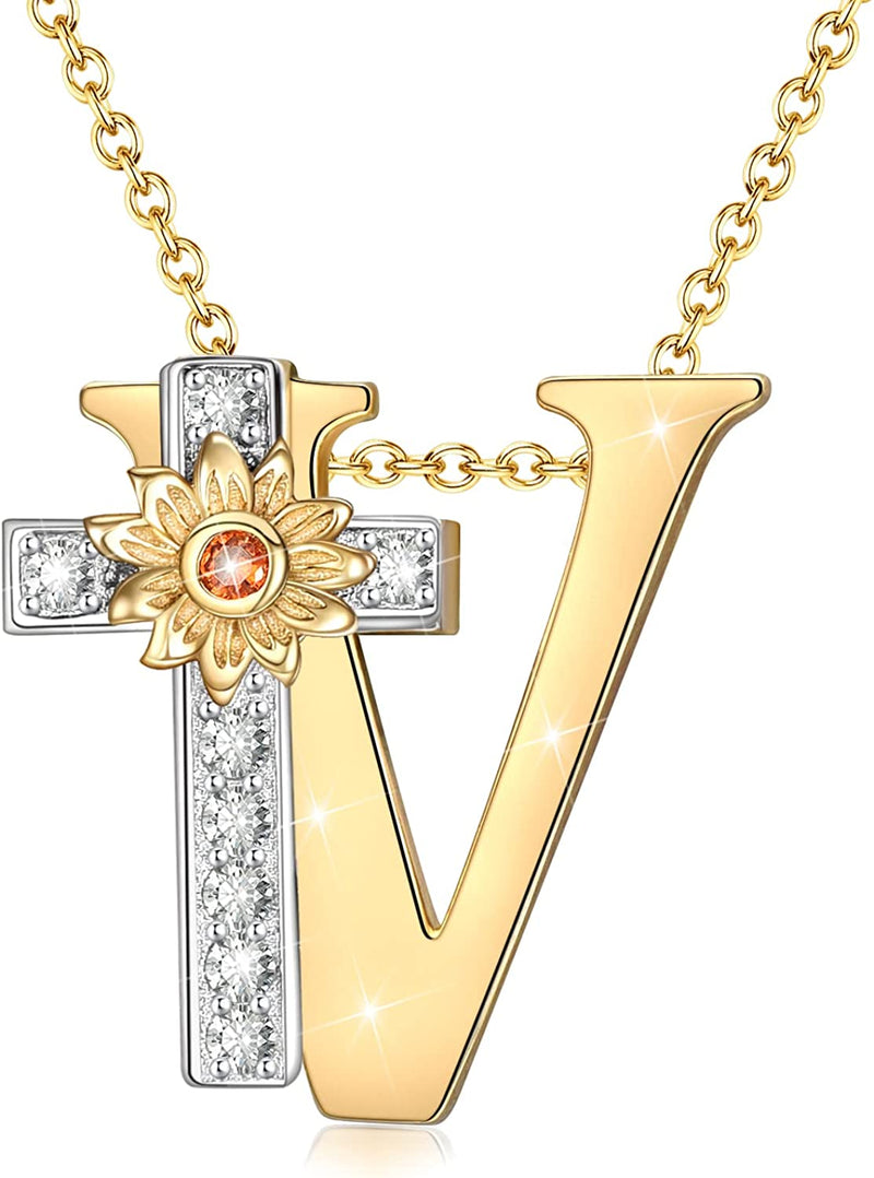 Initial Sunflower Cross Sterling Silver Necklace