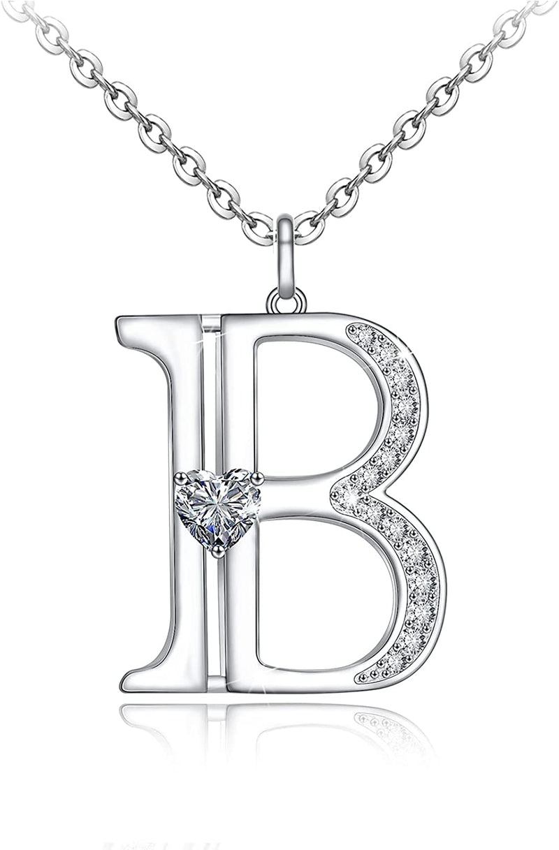 Initial Letter Heart Cubic Zirconia Sterling Silver Necklace