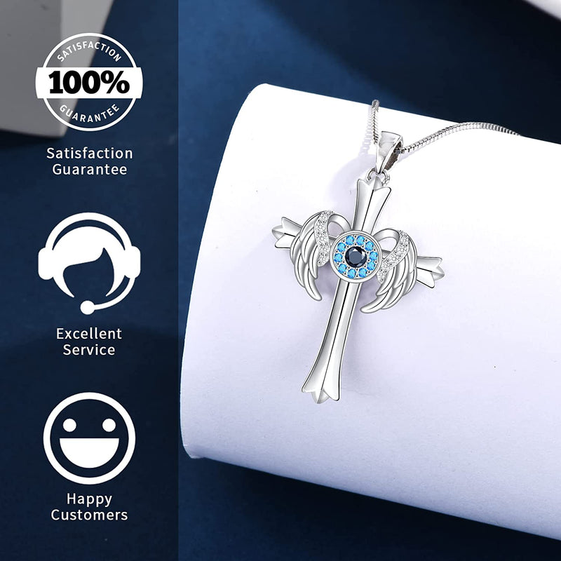 Evil Eye Angel Wing With Cross Sterling Silver Necklace