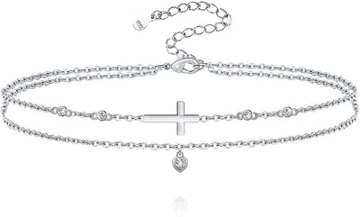 Cross Heart Double Layered Sterling Silver Anklet