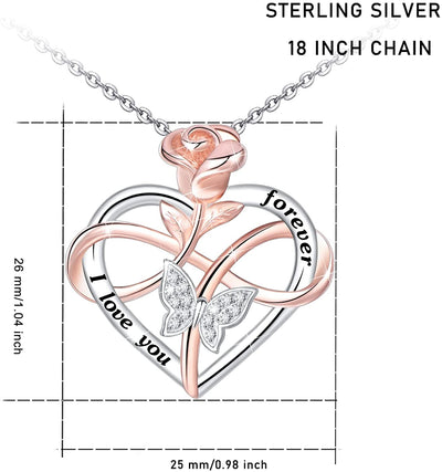 Rose with Butterfly Heart Sterling Silver Necklace