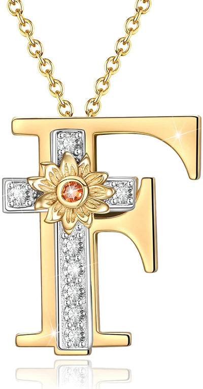 Initial Sunflower Cross Sterling Silver Necklace