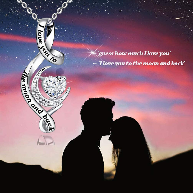 Moon With Ribbon Birthstone Heart Sterling Silver Necklace