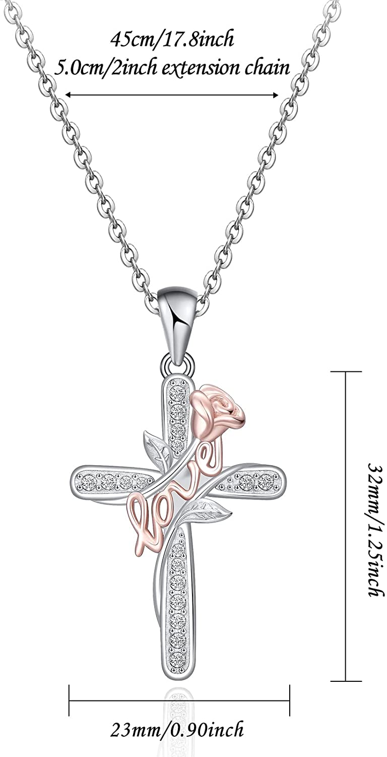 Cross Rose Flower Sterling Silver Necklace