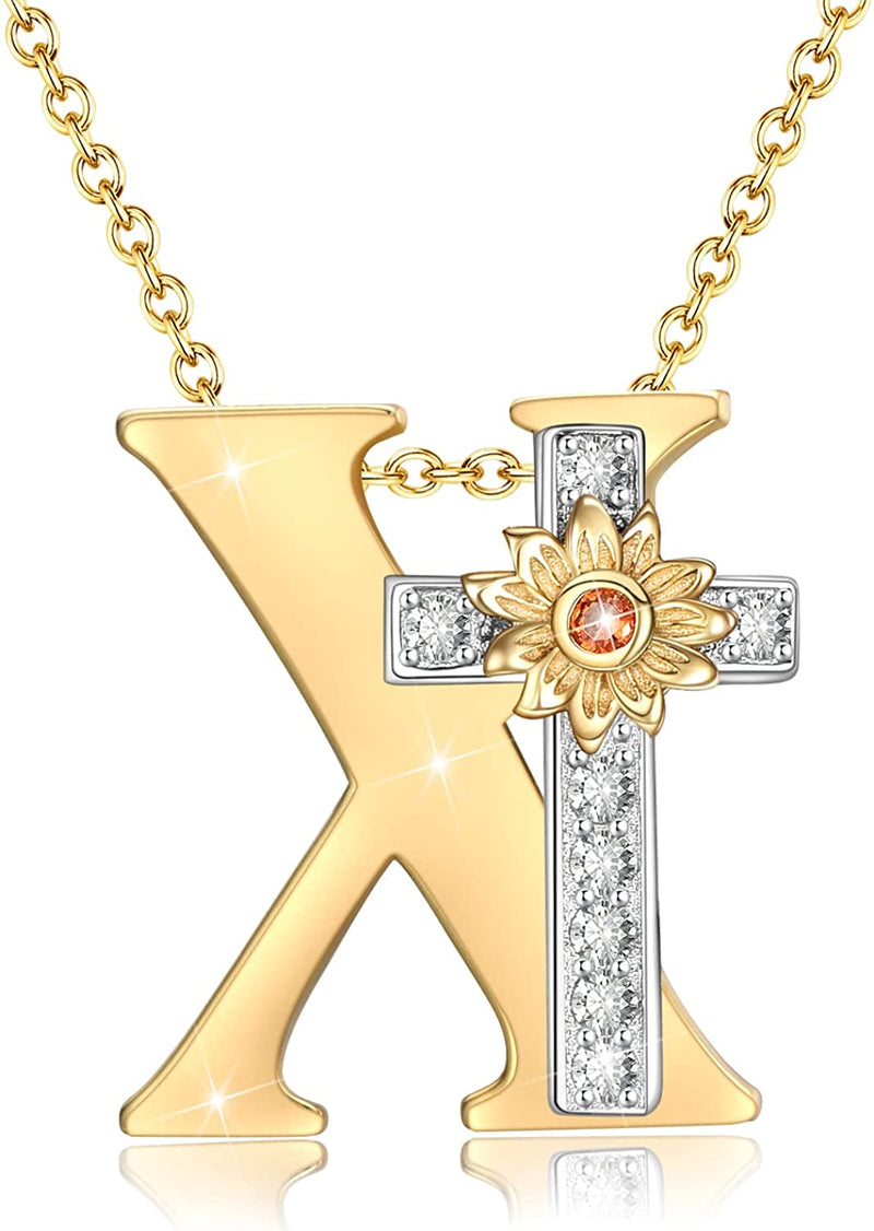 Initial Sunflower Cross Sterling Silver Necklace