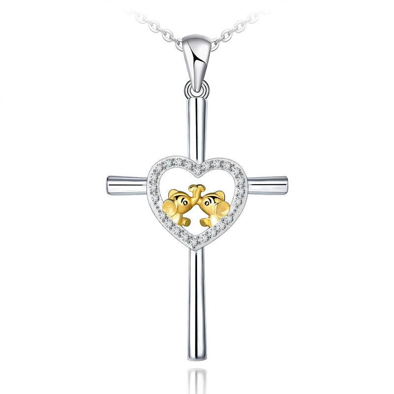 Cross Heart Elephant Friendship Sterling Silver Necklace