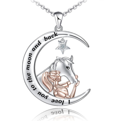 Horse And Girls Moon Sterling Silver Necklace