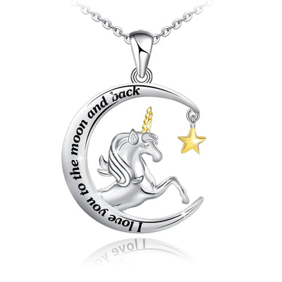 Unicorn And Moon Star Sterling Silver Necklace
