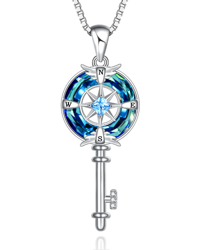 Compass Key with Circle Crystal Necklace Sterling Silver