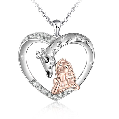 Giraffe and Girl Love Heart Sterling Silver Necklace
