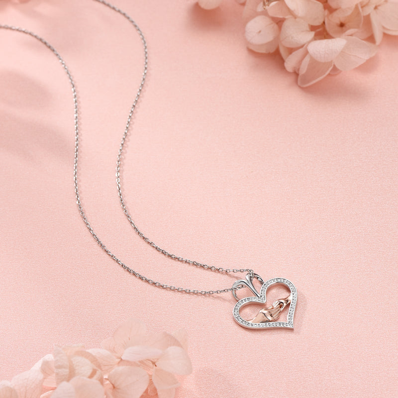 Hand In Hand Love Heart Sterling Silver Necklace