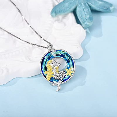 Mermaid with Blue Crystal Necklace Sterling Silver