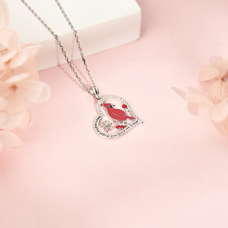 Red Cardinal Bird Heart Pendant Necklace