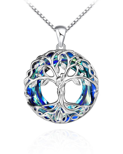 Tree of Life With Circle Crystal Sterling Silver Necklace