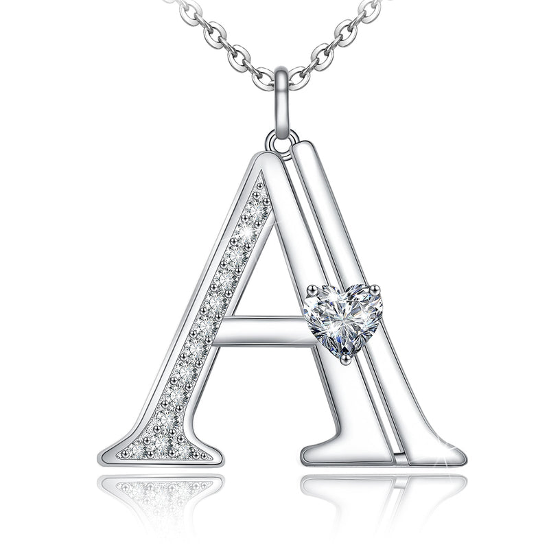 Initial Letter Heart Cubic Zirconia Sterling Silver Necklace