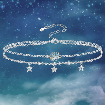 Universe Moon Star Layered Sterling Silver Anklet Bracelet